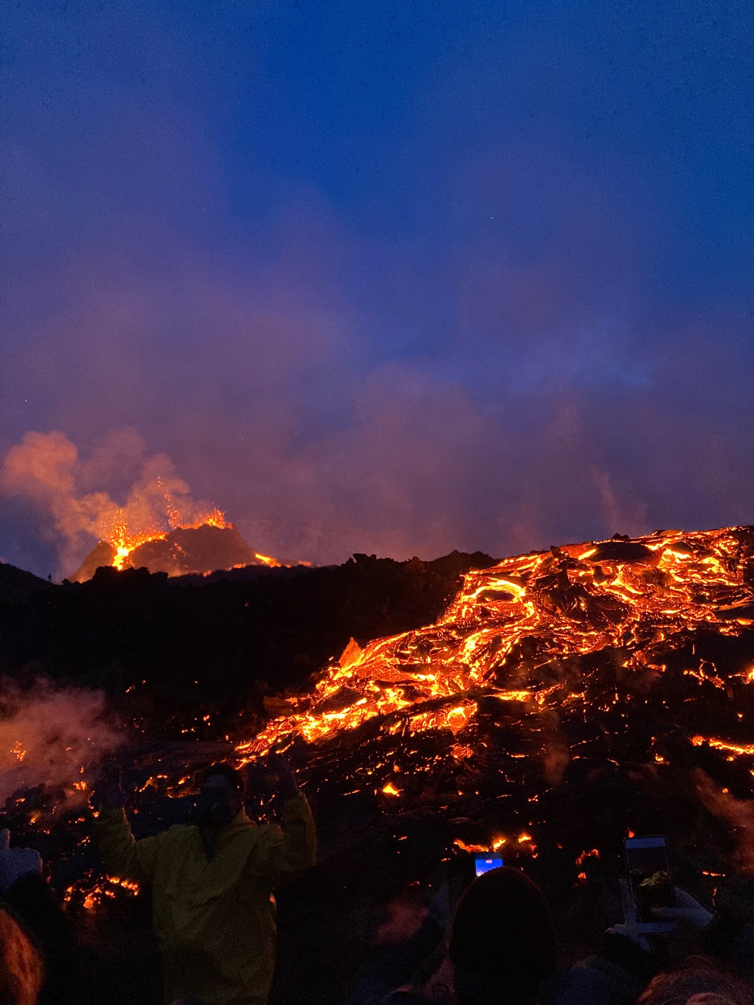 Nightime glow of lava.